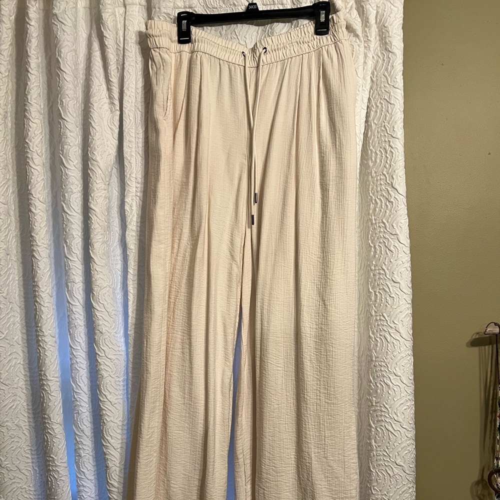 Cream Wide-Leg Drawstring Pants
